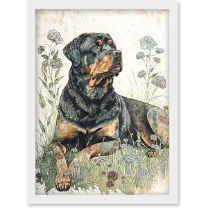 Artery8 Rottweiler Dog Lying in Wildflowers Bright Watercolour Illustration Artwork Framed Wall Art Print A4 in White White Artery8 Rottweiler Dog Lying in Wildflowers Bright Watercolour Illustration Artwork Framed Wall Art Print A4 in White White