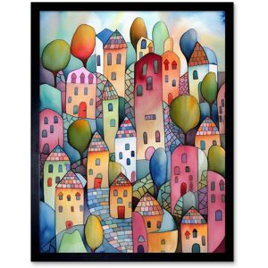 Artery8 Wall Art Print Village On The Hill Cobble Streets Folk Art Framed in Black Size: W12" x H16" Black W12" x H16" Artery8 Wall Art Print Village On The Hill Cobble Streets Folk Art Framed in Black Size: W12" x H16" Black W12" x H16"