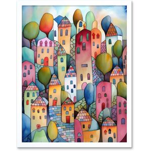 Artery8 Wall Art Print Village On The Hill Cobble Streets Folk Art Framed in White Size: W12" x H16" White W12" x H16" Artery8 Wall Art Print Village On The Hill Cobble Streets Folk Art Framed in White Size: W12" x H16" White W12" x H16"