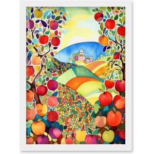 Artery8 Apple Tree Orchard Fields In Summer Folk Art Landscape Watercolour Painting Artwork Framed Wall Art Print A4 in White White Artery8 Apple Tree Orchard Fields In Summer Folk Art Landscape Watercolour Painting Artwork Framed Wall Art Print A4 in White White