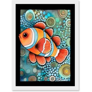 Artery8 Clownfish In Coral Patterns Folk Art Watercolour Painting Artwork Framed Wall Art Print A4 in White White Artery8 Clownfish In Coral Patterns Folk Art Watercolour Painting Artwork Framed Wall Art Print A4 in White White
