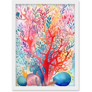 Artery8 Rainbow Coral Folk Art Watercolour Painting Artwork Framed Wall Art Print A4 in White White Artery8 Rainbow Coral Folk Art Watercolour Painting Artwork Framed Wall Art Print A4 in White White