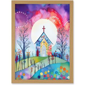 Artery8 Countryside Chapel In Full Moon Spring Night Folk Art Watercolour Painting Artwork Framed Wall Art Print A4 in Light Oak Light Oak Artery8 Countryside Chapel In Full Moon Spring Night Folk Art Watercolour Painting Artwork Framed Wall Art Print A4 in Light Oak Light Oak