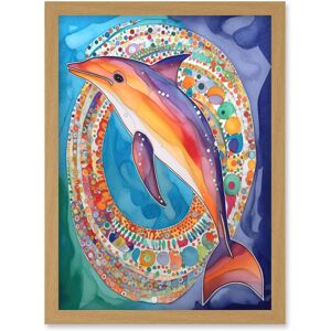 Artery8 Rainbow Dolphin & Pattern Hoop Folk Art Watercolour Painting Artwork Framed Wall Art Print A4 in Light Oak Light Oak Artery8 Rainbow Dolphin & Pattern Hoop Folk Art Watercolour Painting Artwork Framed Wall Art Print A4 in Light Oak Light Oak