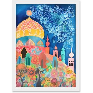 Artery8 Islamic Mosque At Night Folk Art Watercolour Painting Artwork Framed Wall Art Print A4 in White White Artery8 Islamic Mosque At Night Folk Art Watercolour Painting Artwork Framed Wall Art Print A4 in White White