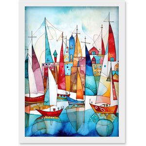 Artery8 Harbour Boats Abstract Folk Art Watercolour Painting Artwork Framed Wall Art Print A4 in White White Artery8 Harbour Boats Abstract Folk Art Watercolour Painting Artwork Framed Wall Art Print A4 in White White
