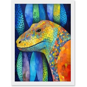 Artery8 Komodo Dragon Vibrant Folk Art Watercolour Painting Artwork Framed Wall Art Print A4 in White White Artery8 Komodo Dragon Vibrant Folk Art Watercolour Painting Artwork Framed Wall Art Print A4 in White White