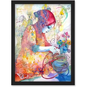 Artery8 Woman Planting Flowers Lace Pattern Folk Art Watercolour Painting Artwork Framed Wall Art Print A4 in Black Black Artery8 Woman Planting Flowers Lace Pattern Folk Art Watercolour Painting Artwork Framed Wall Art Print A4 in Black Black