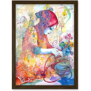 Artery8 Woman Planting Flowers Lace Pattern Folk Art Watercolour Painting Artwork Framed Wall Art Print A4 in Brown Brown Artery8 Woman Planting Flowers Lace Pattern Folk Art Watercolour Painting Artwork Framed Wall Art Print A4 in Brown Brown
