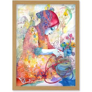 Artery8 Woman Planting Flowers Lace Pattern Folk Art Watercolour Painting Artwork Framed Wall Art Print A4 in Light Oak Light Oak Artery8 Woman Planting Flowers Lace Pattern Folk Art Watercolour Painting Artwork Framed Wall Art Print A4 in Light Oak Light Oak