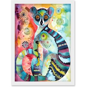 Artery8 Striped Ring-Tailed Lemur Multicoloured Folk Art Watercolour Painting Artwork Framed Wall Art Print A4 in White White Artery8 Striped Ring-Tailed Lemur Multicoloured Folk Art Watercolour Painting Artwork Framed Wall Art Print A4 in White White