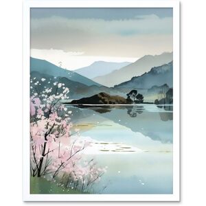 Artery8 Wall Art Print Lakeside Landscape with Cherry Blossom Tree Modern Watercolour Painting Art Framed in White Size: W12" x H16" White W12" x H16" Artery8 Wall Art Print Lakeside Landscape with Cherry Blossom Tree Modern Watercolour Painting Art Framed in White Size: W12" x H16" White W12" x H16"