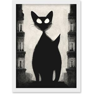 Artery8 Giant Black Cat Le Chat Noir City Monochrome Illustration Artwork Framed Wall Art Print A4 in White White Artery8 Giant Black Cat Le Chat Noir City Monochrome Illustration Artwork Framed Wall Art Print A4 in White White