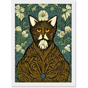 Artery8 Floral Paisley Illustrated Golden Cat William Morris Artwork Framed Wall Art Print A4 in White White Artery8 Floral Paisley Illustrated Golden Cat William Morris Artwork Framed Wall Art Print A4 in White White