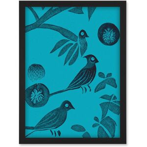 Artery8 Linocut Vintage Blue Birds Jungle Pattern Illustration Teal Artwork Framed Wall Art Print A4 in Black Black Artery8 Linocut Vintage Blue Birds Jungle Pattern Illustration Teal Artwork Framed Wall Art Print A4 in Black Black