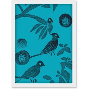 Artery8 Linocut Vintage Blue Birds Jungle Pattern Illustration Teal Artwork Framed Wall Art Print A4 in White White Artery8 Linocut Vintage Blue Birds Jungle Pattern Illustration Teal Artwork Framed Wall Art Print A4 in White White