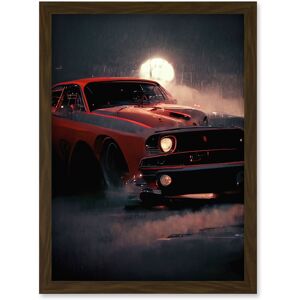 Artery8 Classic Red Sports Muscle Car On A Rainy Atmospheric Night Artwork Framed Wall Art Print A4 in Brown Brown Artery8 Classic Red Sports Muscle Car On A Rainy Atmospheric Night Artwork Framed Wall Art Print A4 in Brown Brown