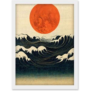 Artery8 Minimalist Large Orange Moon Over Ocean Waves Ukiyo-e Style Artwork Framed Wall Art Print A4 in White White Artery8 Minimalist Large Orange Moon Over Ocean Waves Ukiyo-e Style Artwork Framed Wall Art Print A4 in White White