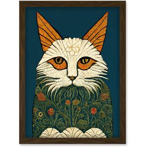 Artery8 Melancholy Moggie Cat Illustration William Morris Style Teal Gold Artwork Framed Wall Art Print A4 in Brown Brown Artery8 Melancholy Moggie Cat Illustration William Morris Style Teal Gold Artwork Framed Wall Art Print A4 in Brown Brown
