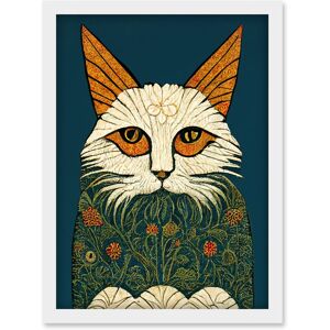 Artery8 Melancholy Moggie Cat Illustration William Morris Style Teal Gold Artwork Framed Wall Art Print A4 in White White Artery8 Melancholy Moggie Cat Illustration William Morris Style Teal Gold Artwork Framed Wall Art Print A4 in White White