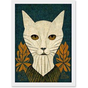 Artery8 Elegant Cat Illustration William Morris Style Teal Mustard Artwork Framed Wall Art Print A4 in White White Artery8 Elegant Cat Illustration William Morris Style Teal Mustard Artwork Framed Wall Art Print A4 in White White