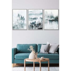 ARTZE Set of 3 Light Grey Framed Teal Blue Abstract Forest Lake Wall Art Size: W53 cm x H73 cm x D20mm Teal W53 cm x H73 cm x D20mm ARTZE Set of 3 Light Grey Framed Teal Blue Abstract Forest Lake Wall Art Size: W53 cm x H73 cm x D20mm Teal W53 cm x H73 cm x D20mm