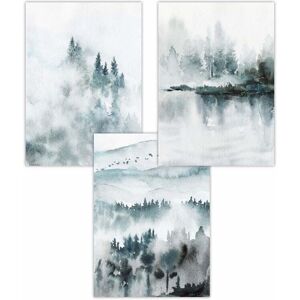 ARTZE Set of 3 Teal Blue Abstract Forest Lake Art Posters Size: W42 cm x H59 cm Teal W42 cm x H59 cm ARTZE Set of 3 Teal Blue Abstract Forest Lake Art Posters Size: W42 cm x H59 cm Teal W42 cm x H59 cm