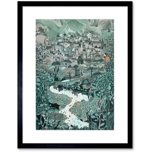 Artery8 Wall Art Print Village Near River Forest Landscape Blue Linocut Artwork Framed 9X7 Inch in Black Size: W7" x H9" Black W7" x H9" Artery8 Wall Art Print Village Near River Forest Landscape Blue Linocut Artwork Framed 9X7 Inch in Black Size: W7" x H9" Black W7" x H9"