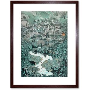 Artery8 Wall Art Print Village Near River Forest Landscape Blue Linocut Artwork Framed 9X7 Inch in Brown Size: W7" x H9" Brown W7" x H9" Artery8 Wall Art Print Village Near River Forest Landscape Blue Linocut Artwork Framed 9X7 Inch in Brown Size: W7" x H9" Brown W7" x H9"