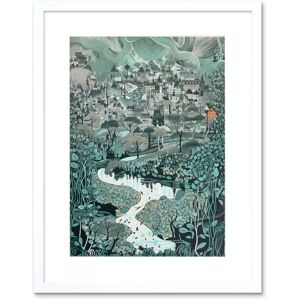 Artery8 Wall Art Print Village Near River Forest Landscape Blue Linocut Artwork Framed 9X7 Inch in White Size: W7" x H9" White W7" x H9" Artery8 Wall Art Print Village Near River Forest Landscape Blue Linocut Artwork Framed 9X7 Inch in White Size: W7" x H9" White W7" x H9"