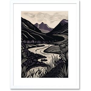Artery8 Wall Art Print Mountain River Landscape Purple & Black Linocut Artwork Framed 9X7 Inch in White Size: W7" x H9" White W7" x H9" Artery8 Wall Art Print Mountain River Landscape Purple & Black Linocut Artwork Framed 9X7 Inch in White Size: W7" x H9" White W7" x H9"