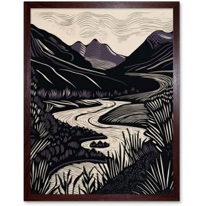 Artery8 Wall Art Print Mountain River Landscape Purple & Black Linocut Art Framed in Brown Size: W12" x H16" Brown W12" x H16" Artery8 Wall Art Print Mountain River Landscape Purple & Black Linocut Art Framed in Brown Size: W12" x H16" Brown W12" x H16"