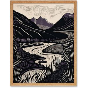 Artery8 Wall Art Print Mountain River Landscape Purple & Black Linocut Art Framed in Light Oak Size: W12" x H16" Light Oak W12" x H16" Artery8 Wall Art Print Mountain River Landscape Purple & Black Linocut Art Framed in Light Oak Size: W12" x H16" Light Oak W12" x H16"