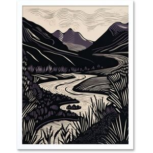 Artery8 Wall Art Print Mountain River Landscape Purple & Black Linocut Art Framed in White Size: W12" x H16" White W12" x H16" Artery8 Wall Art Print Mountain River Landscape Purple & Black Linocut Art Framed in White Size: W12" x H16" White W12" x H16"