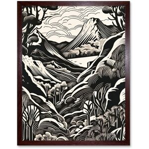 Artery8 Wall Art Print Forest Mountain Landscape Black & White Linocut Art Framed in Brown Size: W12" x H16" Brown W12" x H16" Artery8 Wall Art Print Forest Mountain Landscape Black & White Linocut Art Framed in Brown Size: W12" x H16" Brown W12" x H16"