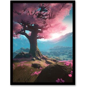 Artery8 Wall Art Print Lone Cherry Blossom Tree Blooming Painting Pink Blue Green Sunrise over Tranquil Forest Mountain Landscape Art Framed Blue W12" x H16" Artery8 Wall Art Print Lone Cherry Blossom Tree Blooming Painting Pink Blue Green Sunrise over Tranquil Forest Mountain Landscape Art Framed Blue W12" x H16"