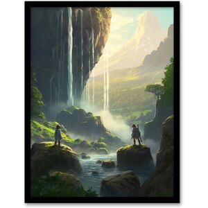 Artery8 Wall Art Print Cascading Waterfall Painting Warriors on River Boulders in Enchanting Mountain Landscape Art Framed Size: W12" x H16" Multicolor W12" x H16" Artery8 Wall Art Print Cascading Waterfall Painting Warriors on River Boulders in Enchanting Mountain Landscape Art Framed Size: W12" x H16" Multicolor W12" x H16"