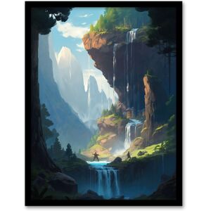 Artery8 Wall Art Print Under a Cascading Waterfall Concept Art Painting Blue Green Orange Hidden Kingdom in Dreamy Cliff Landscape Art Framed Blue W12" x H16" Artery8 Wall Art Print Under a Cascading Waterfall Concept Art Painting Blue Green Orange Hidden Kingdom in Dreamy Cliff Landscape Art Framed Blue W12" x H16"