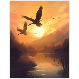 Artery8 Wall Art Print Cranes Soaring Against a Golden Sunset Sky Atmospheric Painting Warm Colours Birds Flying Over Tranquil Mountain Lake Yellow W24" x H32" Artery8 Wall Art Print Cranes Soaring Against a Golden Sunset Sky Atmospheric Painting Warm Colours Birds Flying Over Tranquil Mountain Lake Yellow W24" x H32"
