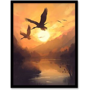 Artery8 Wall Art Print Cranes Soaring Against a Golden Sunset Sky Atmospheric Painting Warm Colours Birds Flying Over Tranquil Mountain Lake Yellow W12" x H16" Artery8 Wall Art Print Cranes Soaring Against a Golden Sunset Sky Atmospheric Painting Warm Colours Birds Flying Over Tranquil Mountain Lake Yellow W12" x H16"