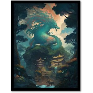 Artery8 Wall Art Print Japan Blue Dragon over Temples Concept Art Painting Green Orange Blue Azure Mythical Creature Guardian Spirit Lush Forest Green W12" x H16" Artery8 Wall Art Print Japan Blue Dragon over Temples Concept Art Painting Green Orange Blue Azure Mythical Creature Guardian Spirit Lush Forest Green W12" x H16"