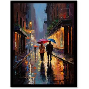 Artery8 Wall Art Print Rainy Romance Colourful Oil Painting Couple Talking A Romantic Walk With Umbrellas On A Rainy Night Bedroom Art Framed Blue W12" x H16" Artery8 Wall Art Print Rainy Romance Colourful Oil Painting Couple Talking A Romantic Walk With Umbrellas On A Rainy Night Bedroom Art Framed Blue W12" x H16"