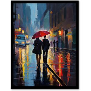 Artery8 Wall Art Print Paris In The Springtime Colourful Oil Painting Couple w/ A Red Umbrella Talking A Romantic Walk On A Rainy Night Bedroom Art Blue W12" x H16" Artery8 Wall Art Print Paris In The Springtime Colourful Oil Painting Couple w/ A Red Umbrella Talking A Romantic Walk On A Rainy Night Bedroom Art Blue W12" x H16"