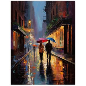 Artery8 Wall Art Print Rainy Romance Colourful Oil Painting Couple Talking A Romantic Walk With Umbrellas On A Rainy Night Bedroom Art Poster Blue W12" x H16" Artery8 Wall Art Print Rainy Romance Colourful Oil Painting Couple Talking A Romantic Walk With Umbrellas On A Rainy Night Bedroom Art Poster Blue W12" x H16"