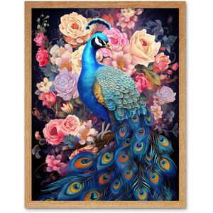 Artery8 Wall Art Print Elegant Peacock Bird with Rose Flower Blooms Vibrant Floral Blue Pink Orange Artwork Art Framed Size: W12" x H16" Light Oak W12" x H16" Artery8 Wall Art Print Elegant Peacock Bird with Rose Flower Blooms Vibrant Floral Blue Pink Orange Artwork Art Framed Size: W12" x H16" Light Oak W12" x H16"