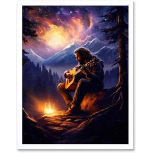 Artery8 Wall Art Print Playing Guitar By A Campfire Oil Painting Purple Orange Storm Brewing in Mountain Forest Landscape Art Framed White W12" x H16" Artery8 Wall Art Print Playing Guitar By A Campfire Oil Painting Purple Orange Storm Brewing in Mountain Forest Landscape Art Framed White W12" x H16"