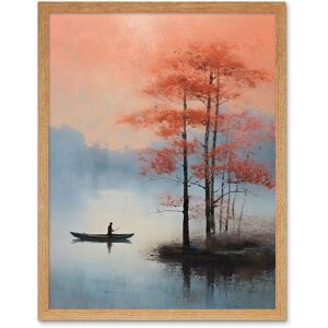 Artery8 Wall Art Print Canoe Boat on Misty Lake Oil Painting Landscape Blue Pink Blossom Tree Early Morning Art Framed Size: W12" x H16" Light Oak W12" x H16" Artery8 Wall Art Print Canoe Boat on Misty Lake Oil Painting Landscape Blue Pink Blossom Tree Early Morning Art Framed Size: W12" x H16" Light Oak W12" x H16"
