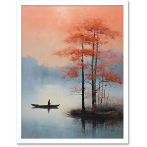 Artery8 Wall Art Print Canoe Boat on Misty Lake Oil Painting Landscape Blue Pink Blossom Tree Early Morning Art Framed in White Size: W12" x H16" White W12" x H16" Artery8 Wall Art Print Canoe Boat on Misty Lake Oil Painting Landscape Blue Pink Blossom Tree Early Morning Art Framed in White Size: W12" x H16" White W12" x H16"