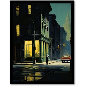 Wee Blue Coo New York at Dawn Edward Hopper Style Painting 12x16" Framed Art Print in Green Size: A4 Green A4 Wee Blue Coo New York at Dawn Edward Hopper Style Painting 12x16" Framed Art Print in Green Size: A4 Green A4