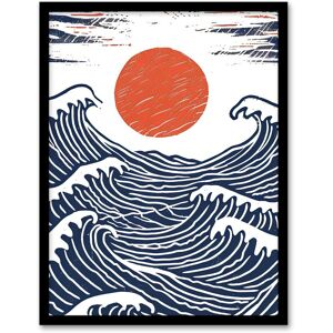 Artery8 Wall Art Print Sun with Sea Waves Orange Blue Seascape Painting Art Framed Poster in Black Size: W12" x H16" Black W12" x H16" Artery8 Wall Art Print Sun with Sea Waves Orange Blue Seascape Painting Art Framed Poster in Black Size: W12" x H16" Black W12" x H16"